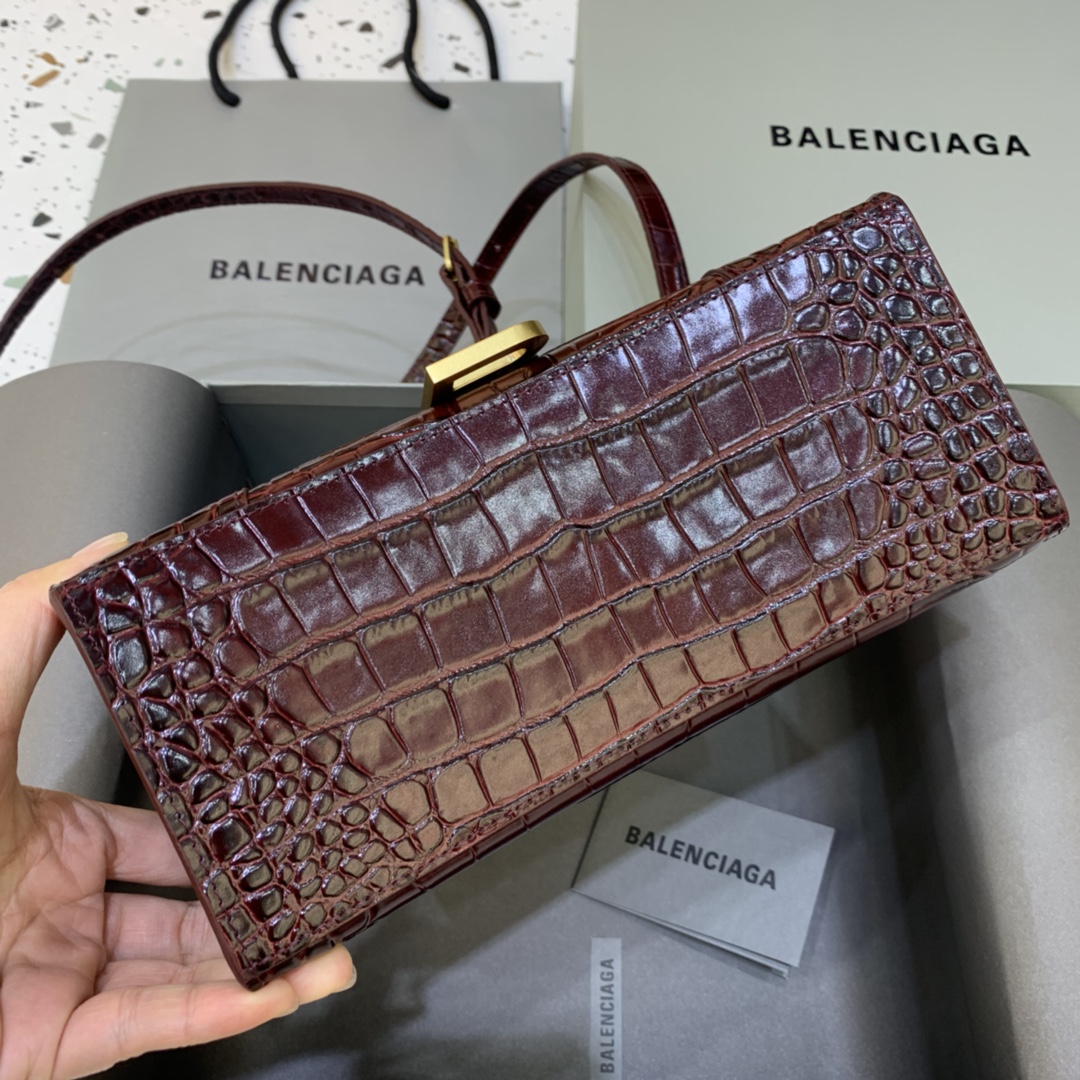 Balenciaga Hourglass Small Handbag Crocodile Embossed Shoulder Bag Dark Brown